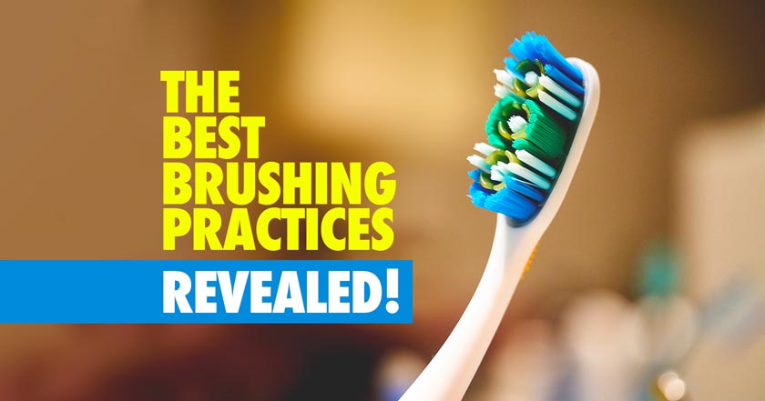 Colorful toothbrush with dynamic text 'The Best Brushing Practices Revealed!' set against a blurred background, indicating tips for effective oral hygiene.